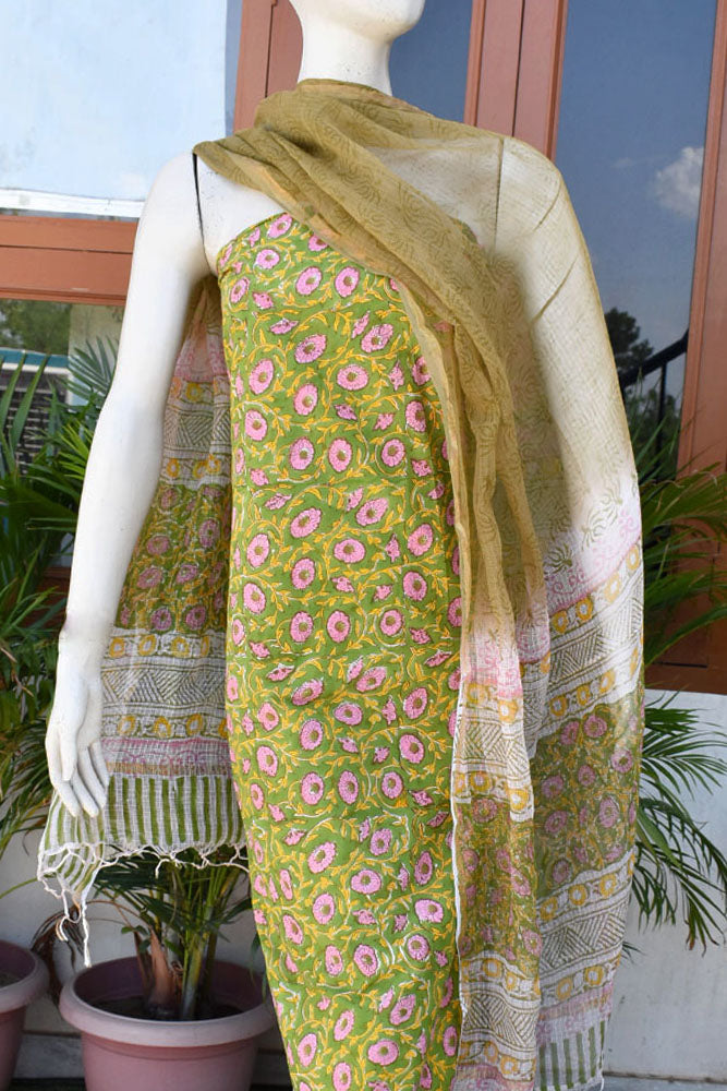 Beautiful Hand Block Printed Cotton unstitched suit fabric with Kota Doria Dupatta