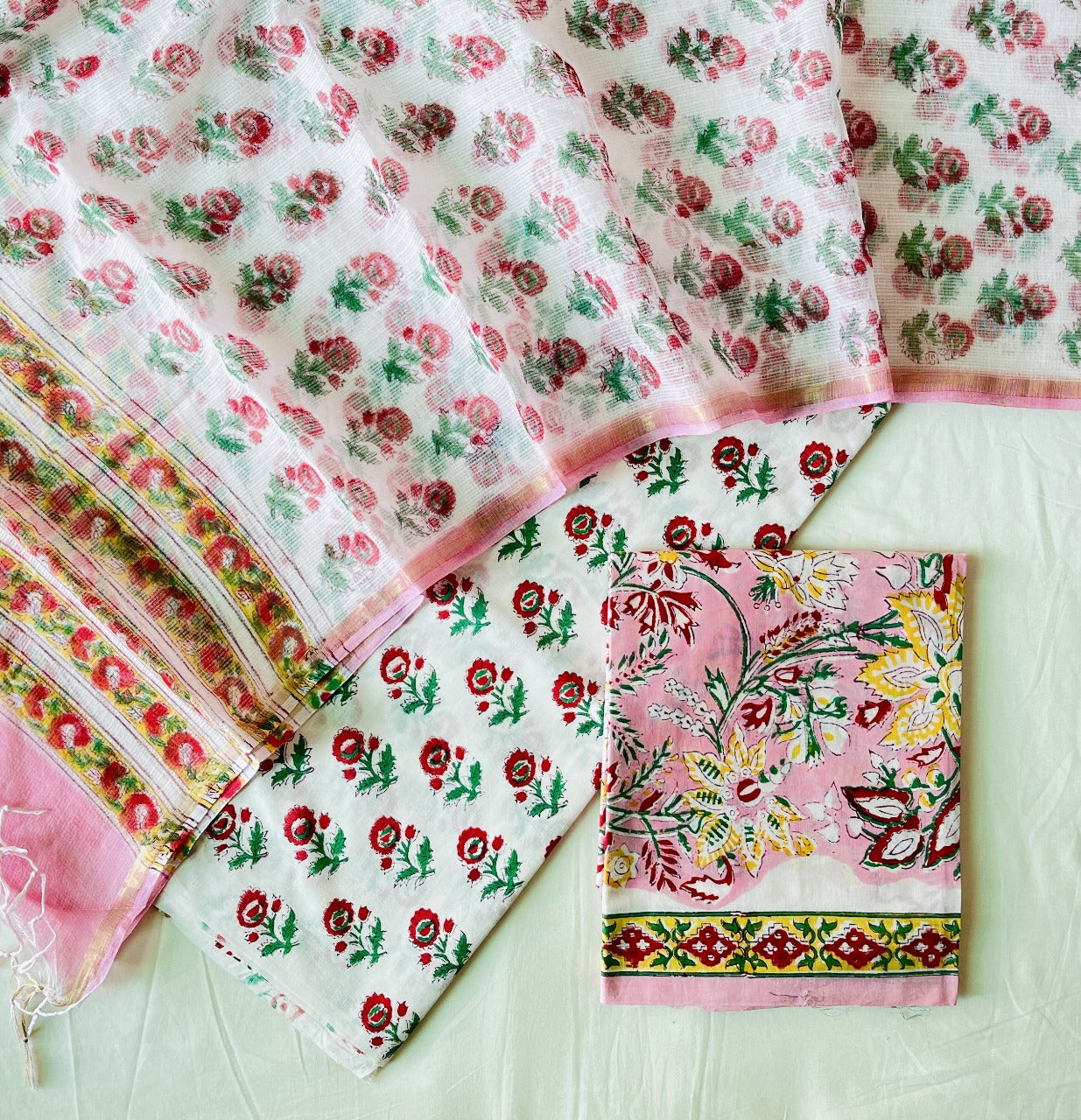 Beautiful Hand Block Printed Cotton Kurta & Kota Dupatta with Cotton Bottom - 3 pc set