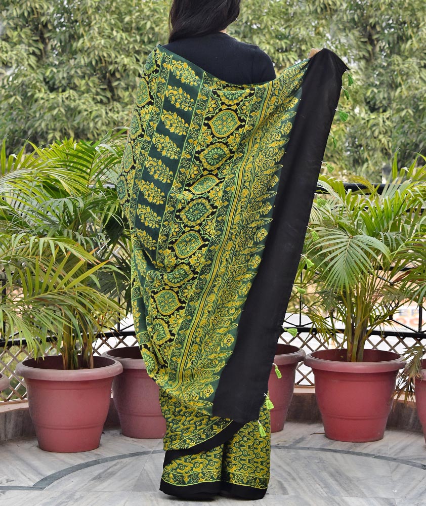 Elegant Hand Block Printed Ajrakh Modal Silk Saree with tassels