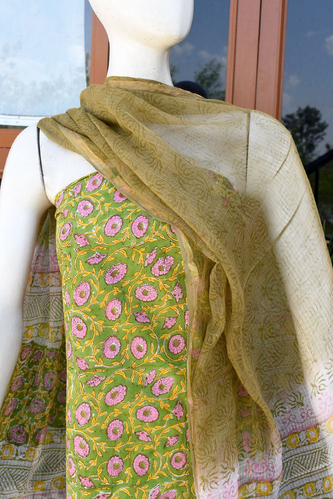 Beautiful Hand Block Printed Cotton unstitched suit fabric with Kota Doria Dupatta