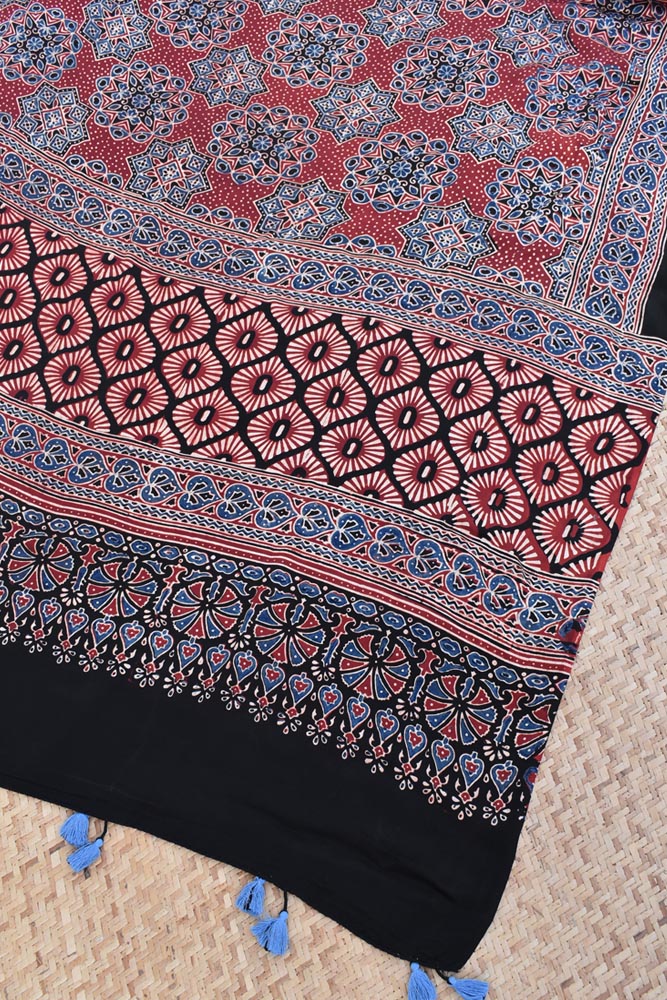 Elegant Modal Silk Ajrakh Block Print Dupatta with tassels