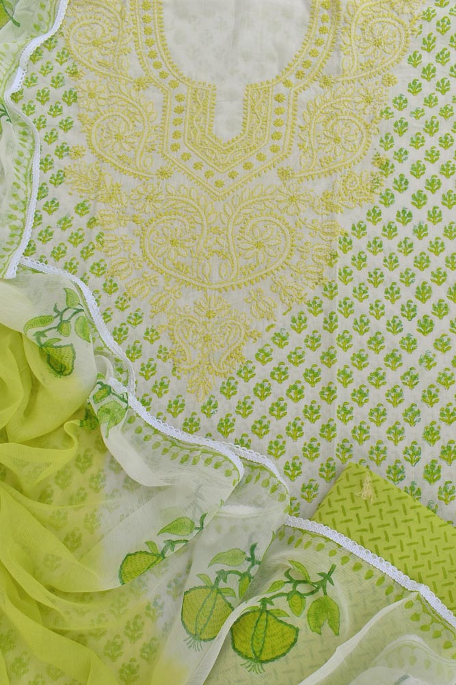 Beautiful Cotton Unstitched Suit Fabric with Chikankari & Hand Block printing