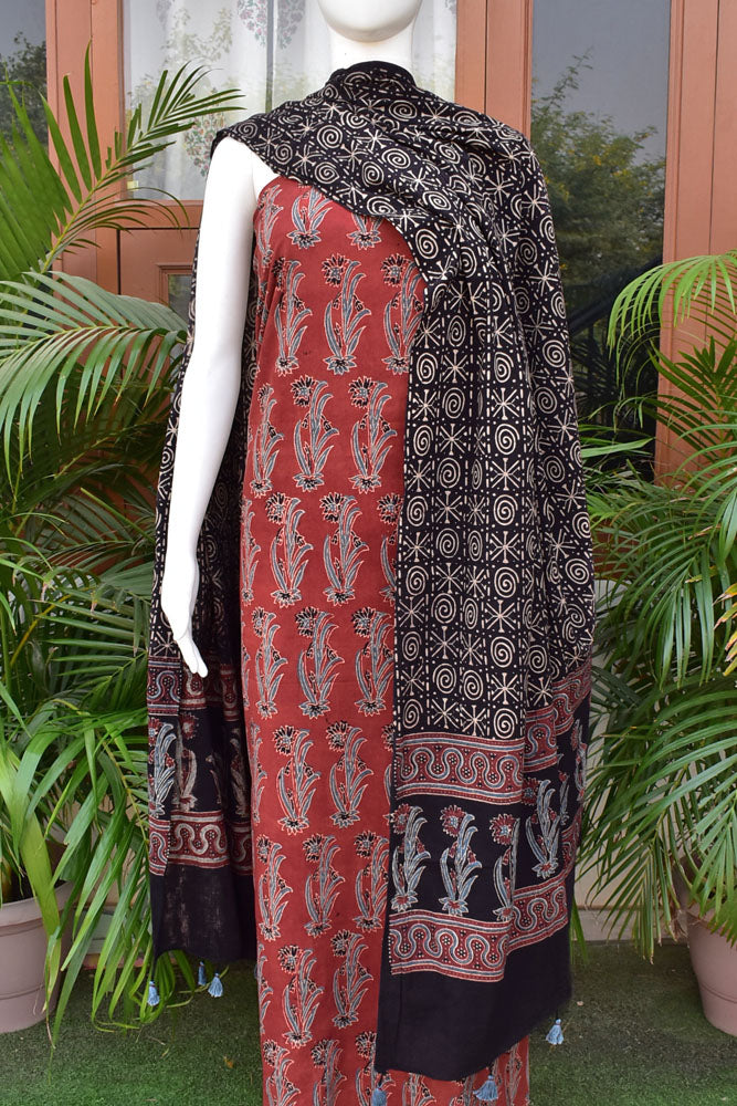 Beautiful Hand Block Printed Ajrakh Cotton Kurta fabric & Dupatta set
