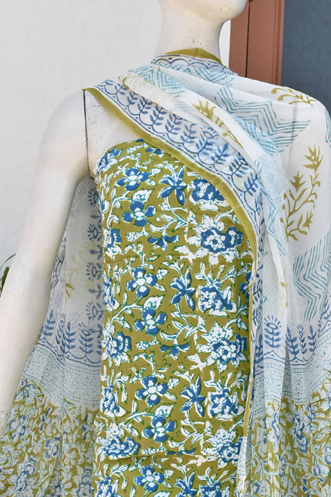 Hand Block Printed Cotton unstitched suit fabric with Chiffon dupatta
