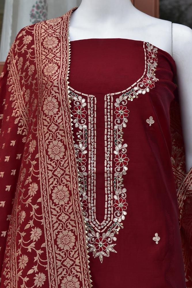 Beautiful Chanderi unstitched suit fabric with Banarasi Dupatta & Matching Potli bag