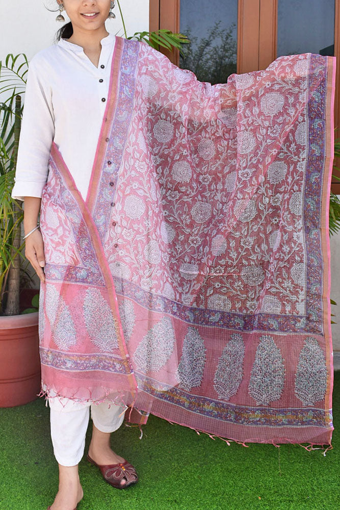 Hand Block Printed Kota Cotton Dupatta with zari border