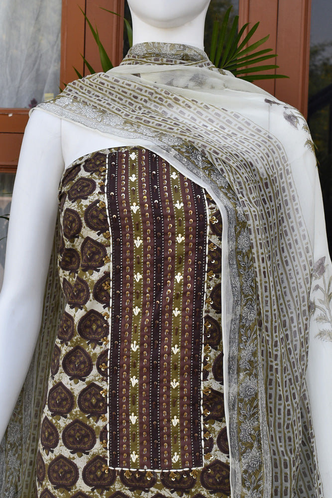 Premium Dabu Ajrakh Cotton Unstitched Suit with Intricate Hand Embroidery, mirror & sequin work & chiffon dupatta