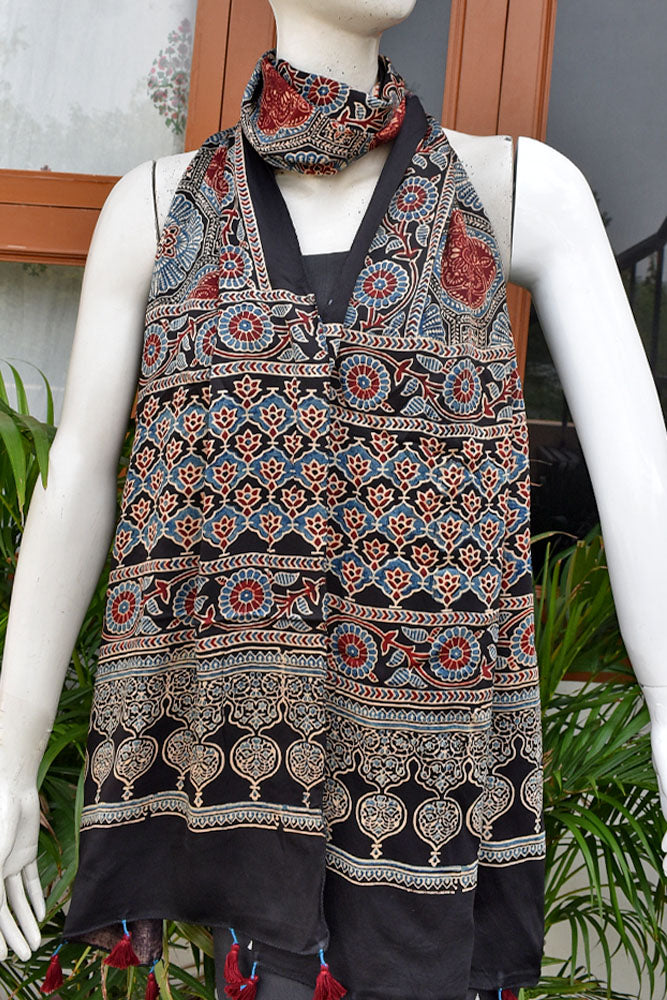 Beautiful Hand Block Printed Ajrakh Modal Silk stole with Tassels