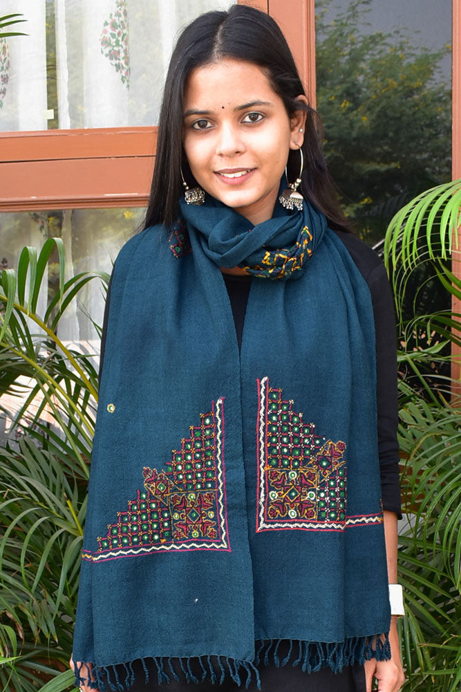 Handwoven Kutch Pure Merino Wool Stole with Mutva Hand Embroidery work