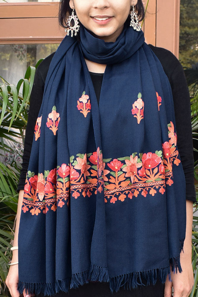 Elegant, Fine & Soft Semi Pashmina Woolen Stole with Aari work Embroidery