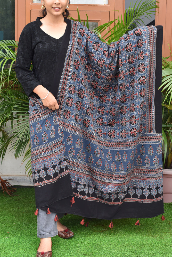 Ajrakh Hand Block Printed Cotton Dupatta with Tassels with natural dyes