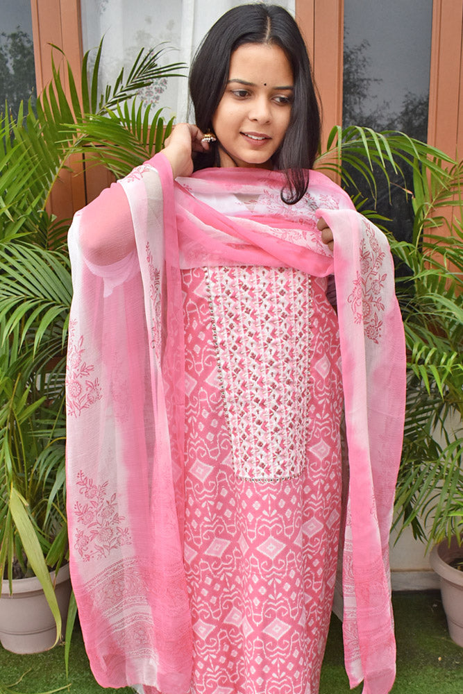 Premium Cotton Unstitched Suit with Neck patch, Intricate Hand Embroidery & Block print dupatta