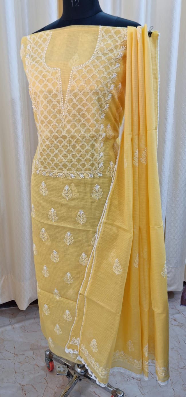 Elegant Kota Doria Kurta & Dupatta Set with Lucknowi Hand Chikankari embroidery