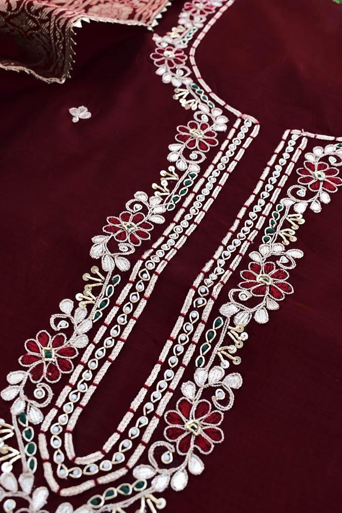 Beautiful Chanderi unstitched suit fabric with Banarasi Dupatta & Matching Potli bag