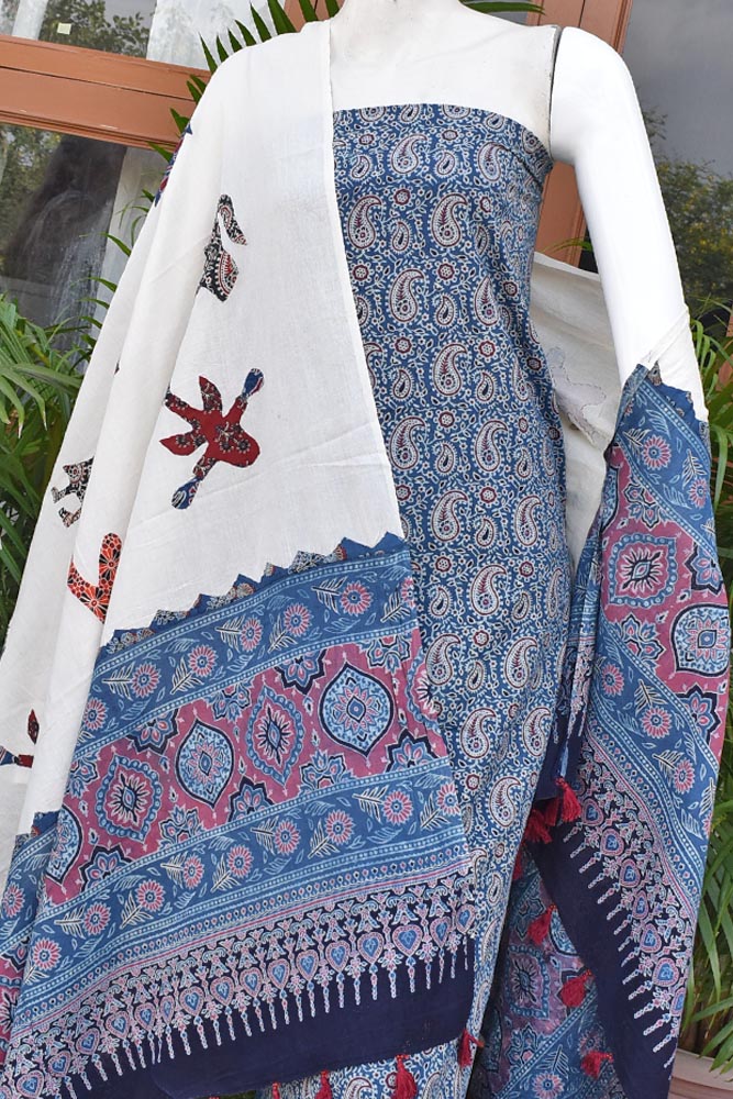 Beautiful Ajrakh kurta fabric with Hand Patch work dupatta