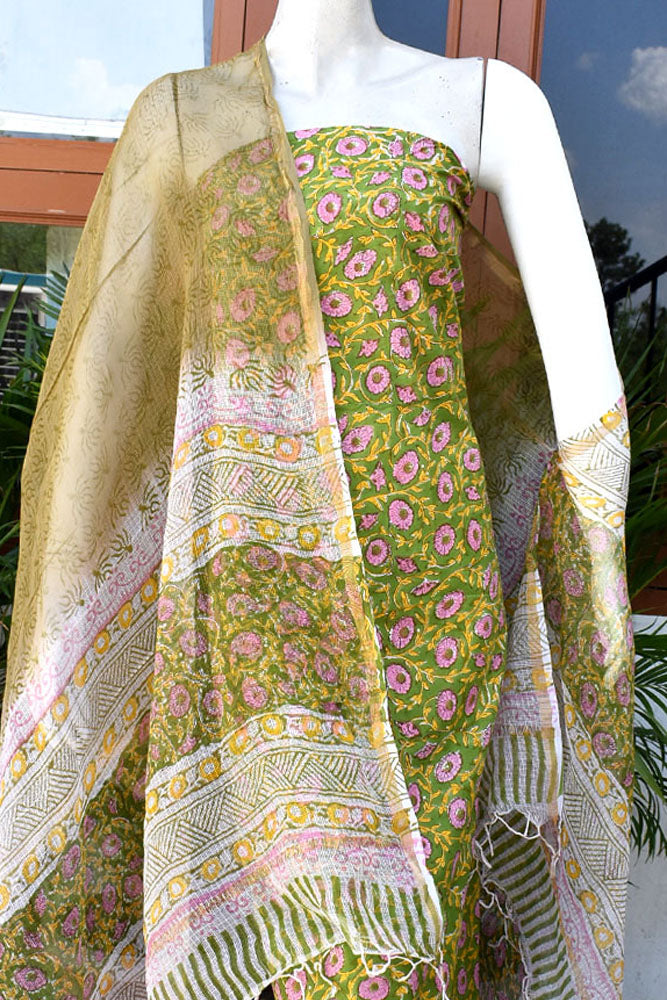 Beautiful Hand Block Printed Cotton unstitched suit fabric with Kota Doria Dupatta