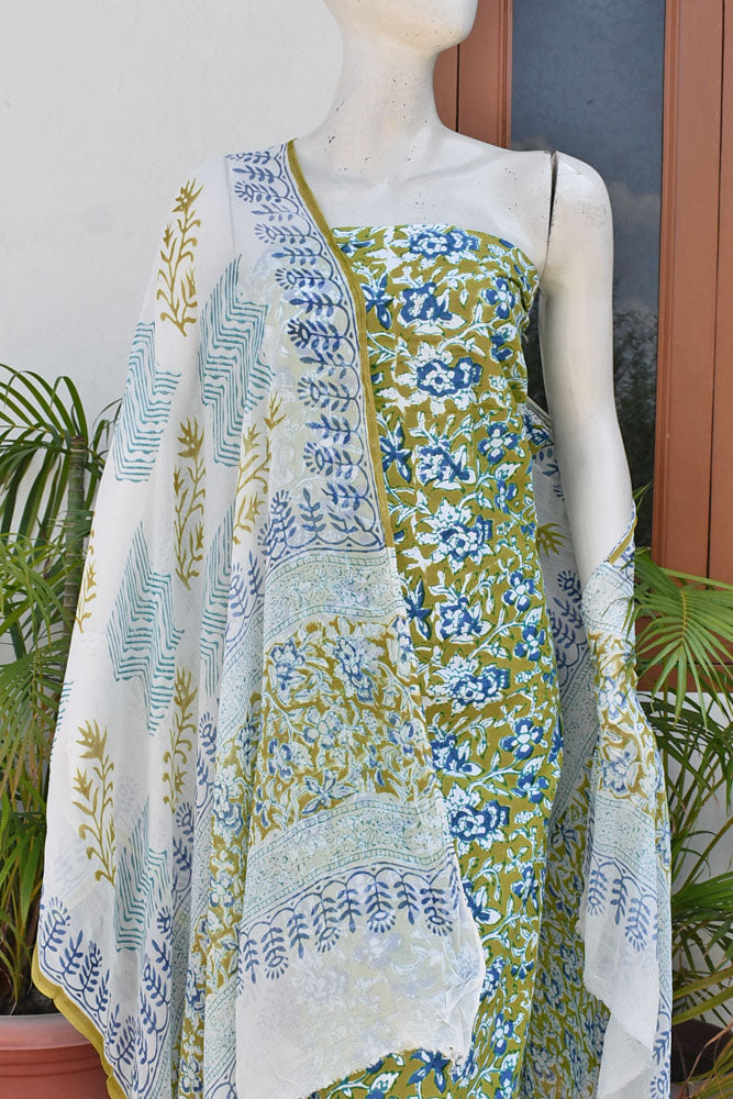 Hand Block Printed Cotton unstitched suit fabric with Chiffon dupatta