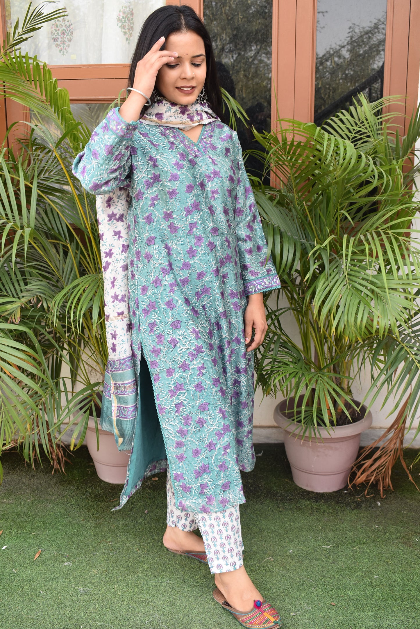 Beautiful Printed Chanderi suit with Lace details, Sequin work & Embroidery - Kurta , Chanderi Dupatta & Pant - size 40, 42, 44