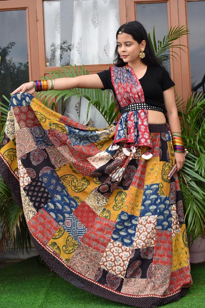 Beautiful Ajrakh Hand Block Printed Patch Work Cotton Long Skirt with Stitched borders