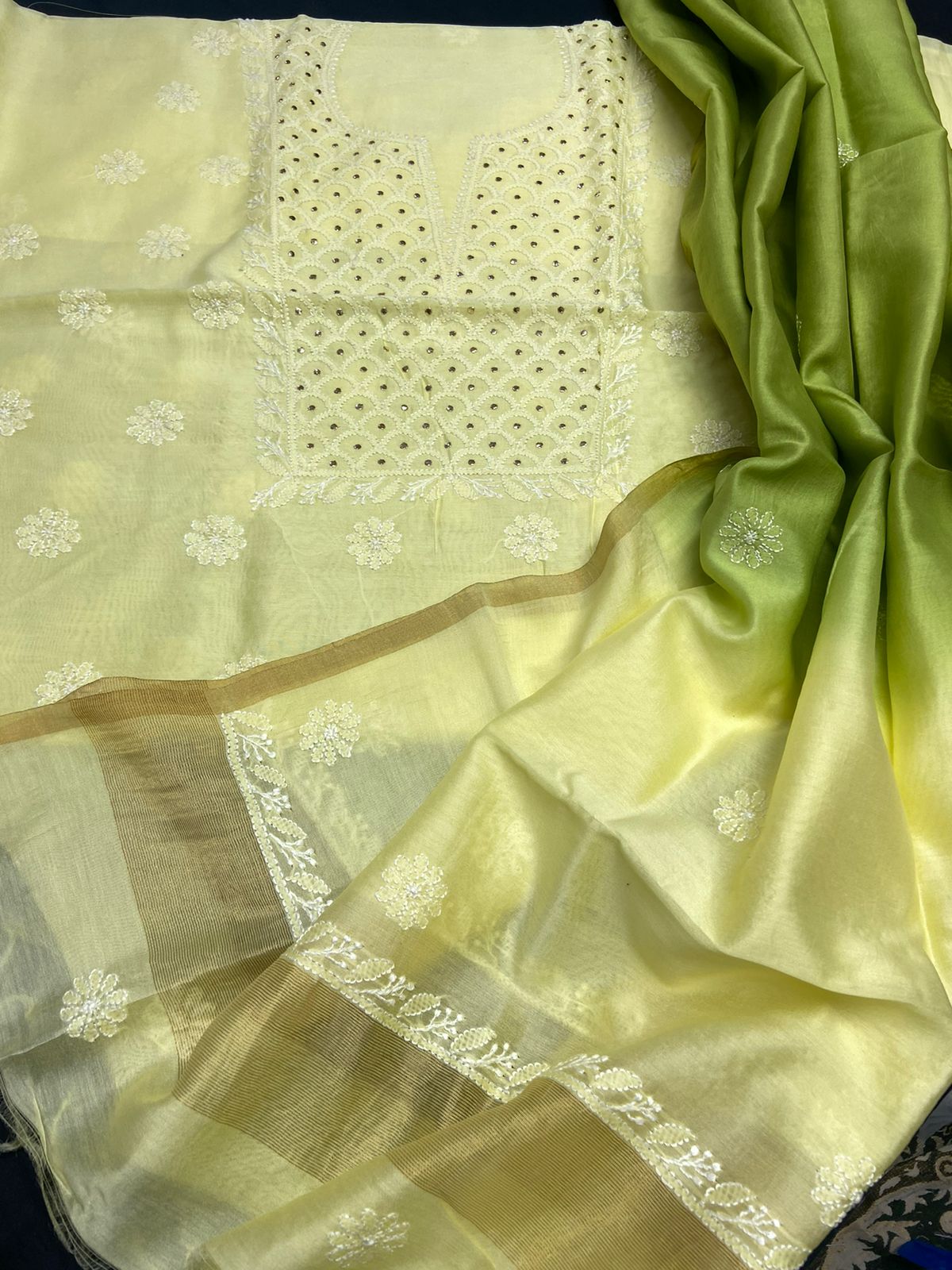 Elegant Chanderi Kurta & Tie & Dye Dupatta Set with Chikankari Embroidery & Muqaish work