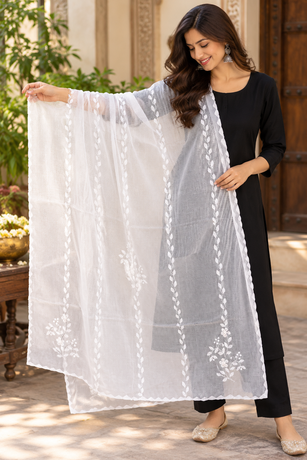 Handcrafted Phool Patti Applique & Hand Crochet work Kota cotton dupatta