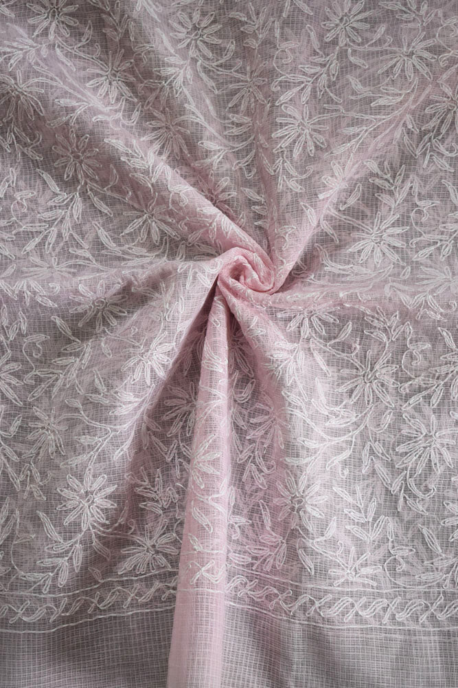 Hand Embroidered Chikankari Tepchi work Kota Doria fabric - (2.8 mtrs )