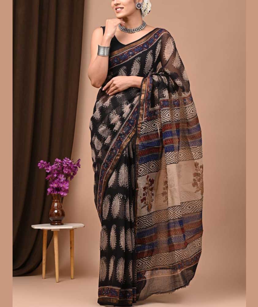 Beautiful Hand Block Printed Kota cotton Saree with zari border