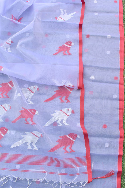 Kalakriti : Beautiful Hand Woven Muslin Jamdani Kurta Fabric & Dupatta set with bird motif