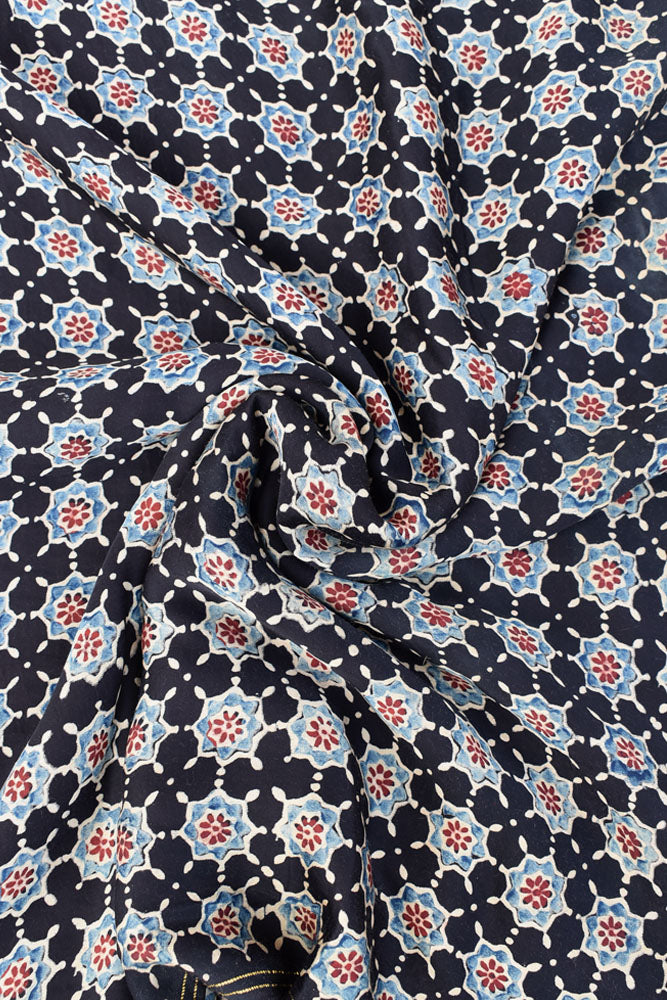 Beautiful Modal Silk Ajrakh Hand Block Print Fabric - 2.5 mtrs cut