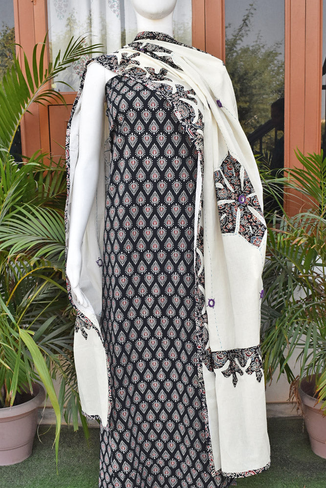 Beautiful Ajrakh kurta fabric with Hand Applique Patch work dupatta