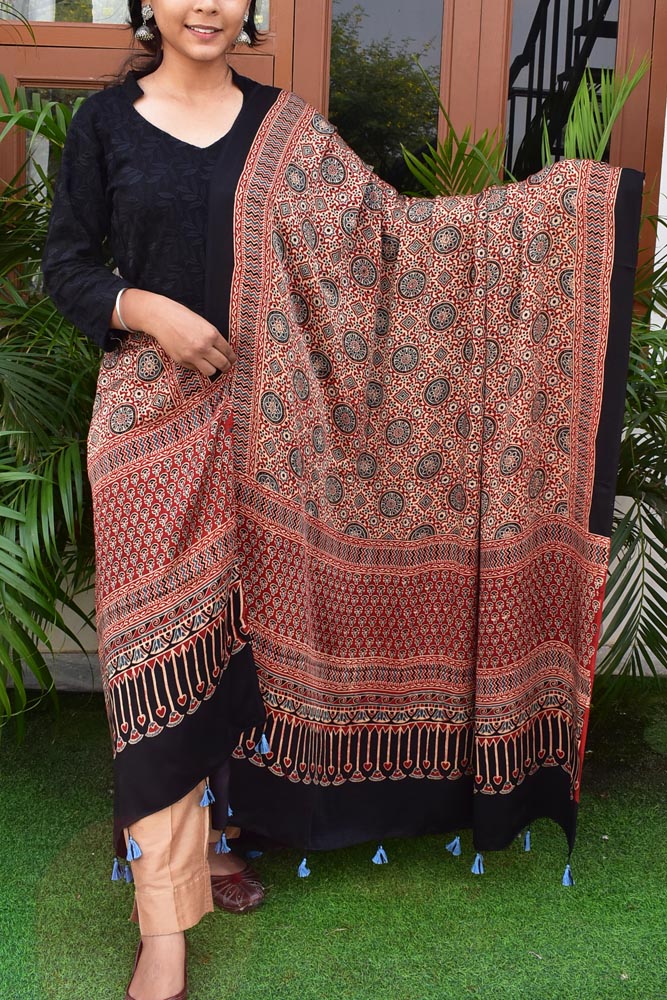 Elegant Modal Silk Ajrakh Block Print Dupatta with tassels