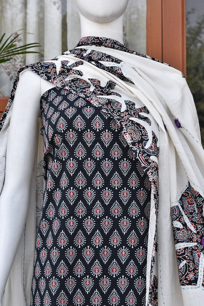 Beautiful Ajrakh kurta fabric with Hand Applique Patch work dupatta