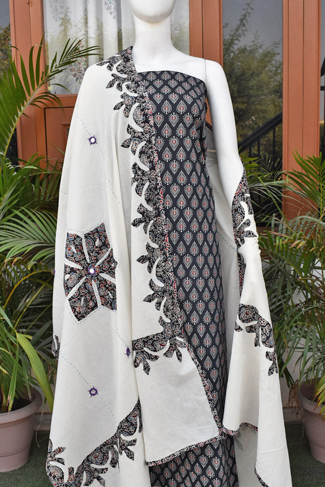 Beautiful Ajrakh kurta fabric with Hand Applique Patch work dupatta