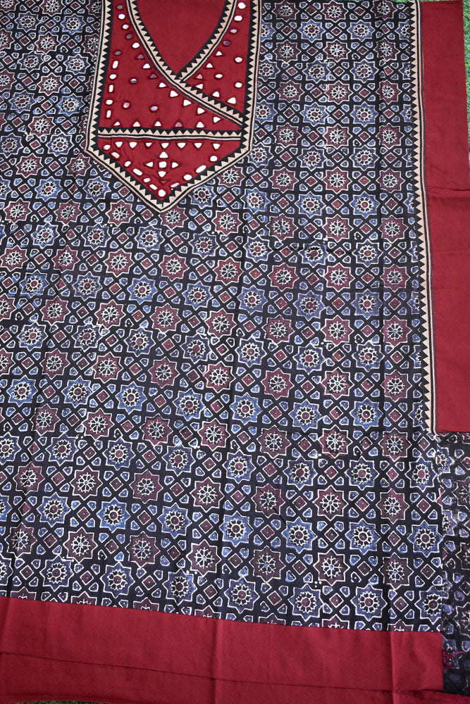 Designer Ajrakh Cotton Short Kurta Fabric with Kutch Mirror Work patch