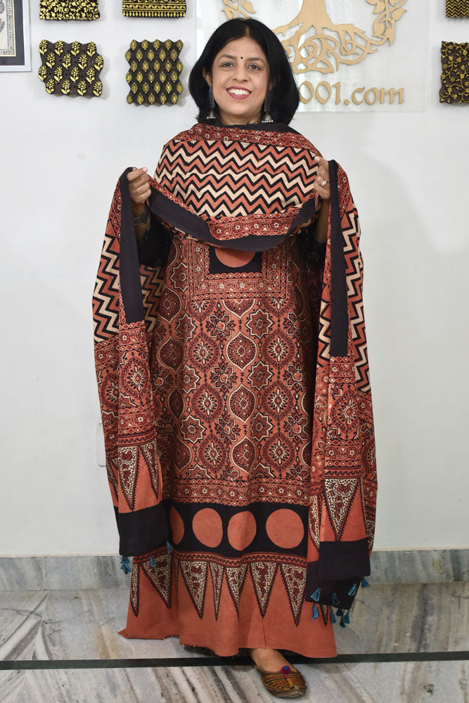 Block Print Ajrakh Cotton Suit with designer Ajrakh neck yoke /panel & Dupatta