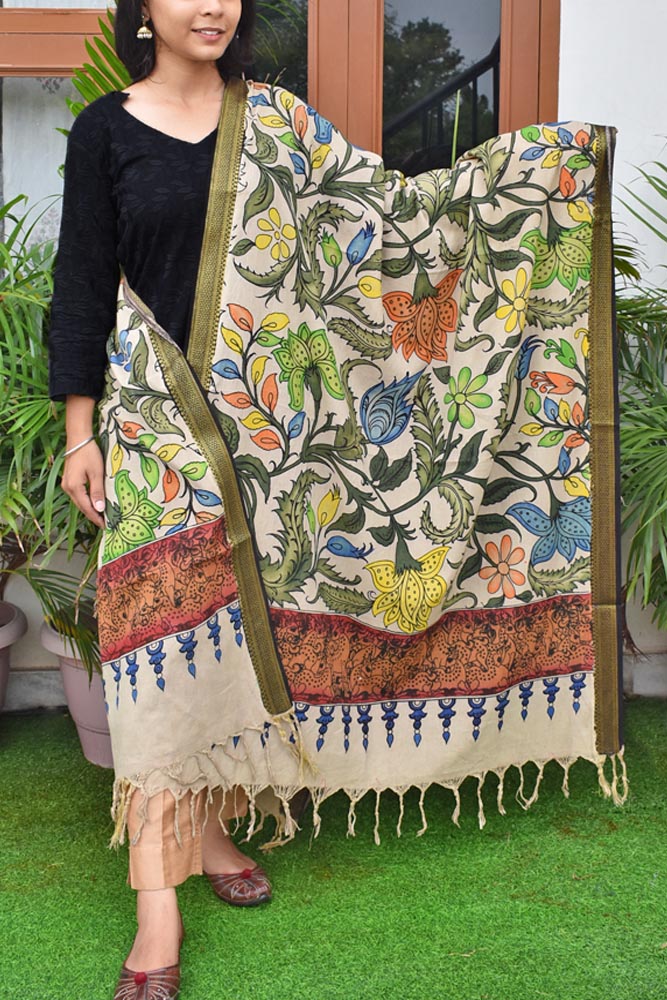 Beautiful Mangalgiri Cotton Pen Kalamkari Dupatta