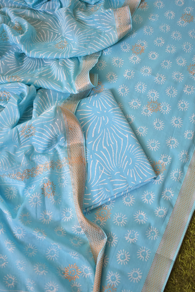 Beautiful Hand Block Printed Cotton unstitched suit fabric with Woven Borders Cotton dupatta