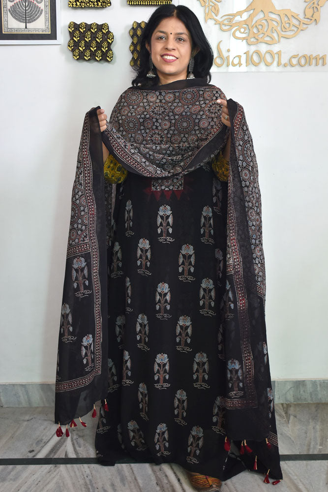 Ajrakh Hand Block Print Georgette Dupatta & Georgette Kurta Fabric