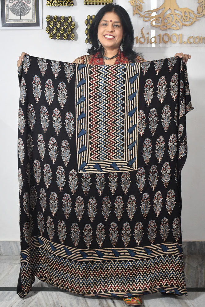 Designer Modal Silk Ajrakh Hand Block Print Kurta Fabric - 2.5 mtrs cut