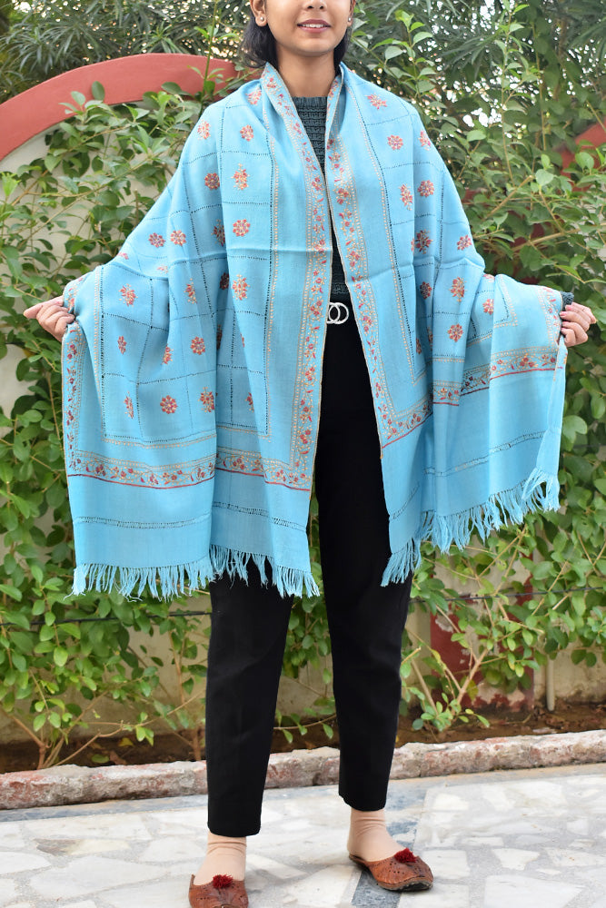 Intricate Kashmiri Sozni Hand Embroidery & Cutwork Work Woolen Stole