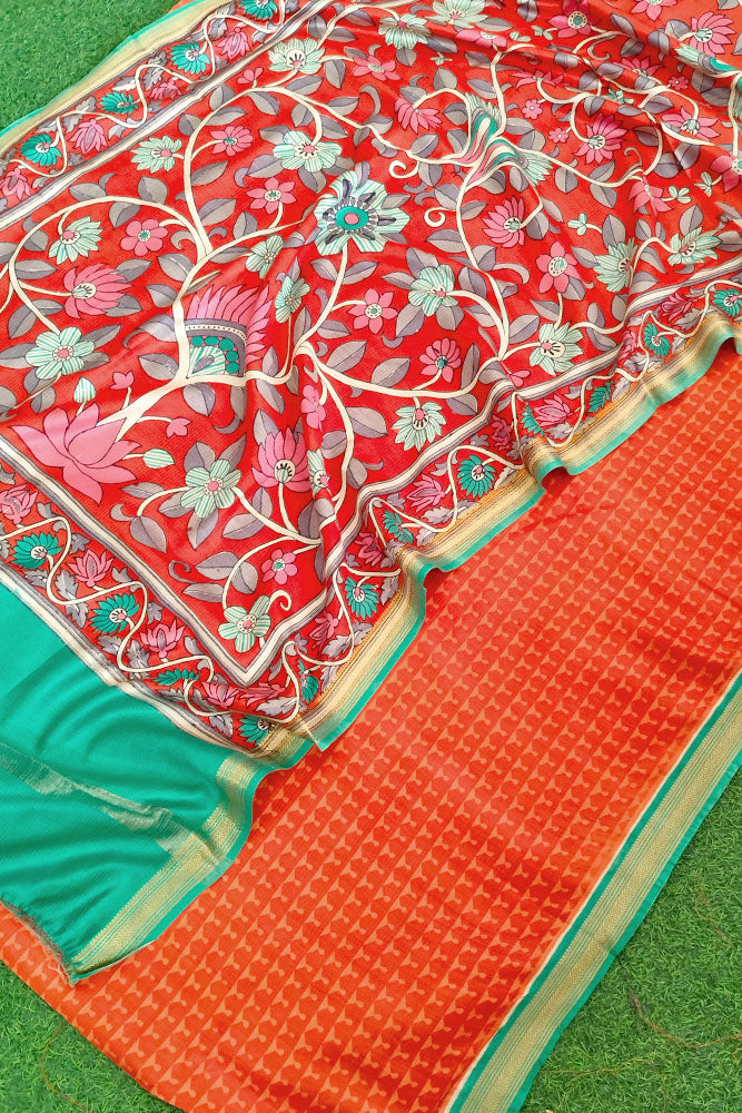 Beautiful Hand Block Printed Maheshwari Kurta with Hand Painted Kalamkari Dupatta & Cotton Bottom