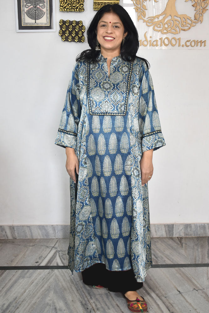 Beautiful Mashru Silk Kurta with Ajrakh block print - Size 40 - 48