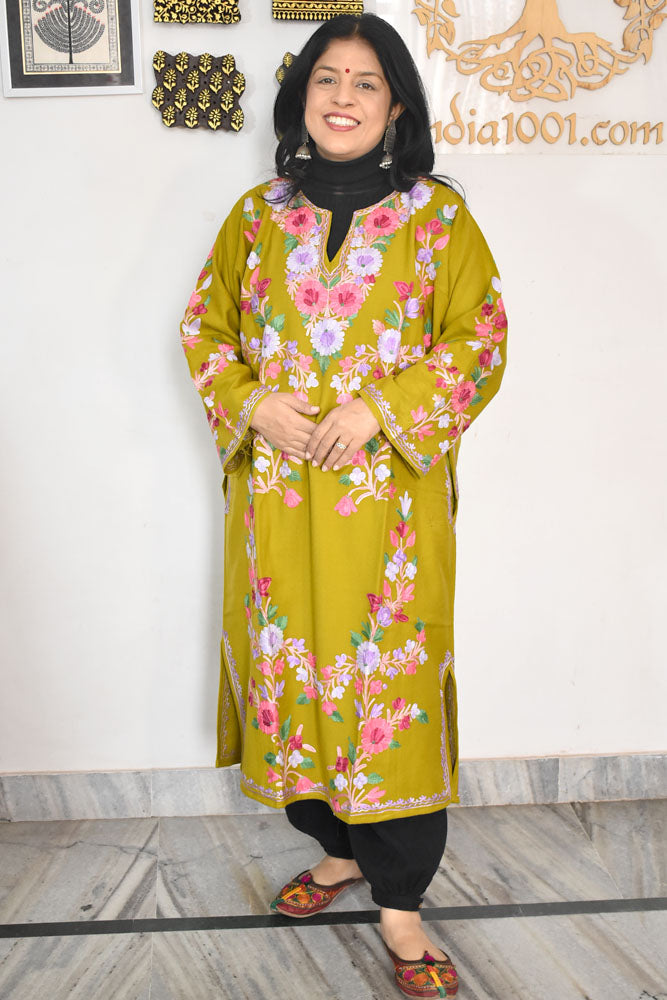 Kashmiri Wool Aari Embroidered Solid Women's Pheran Kurta - Free Size ( for size 38- 48)