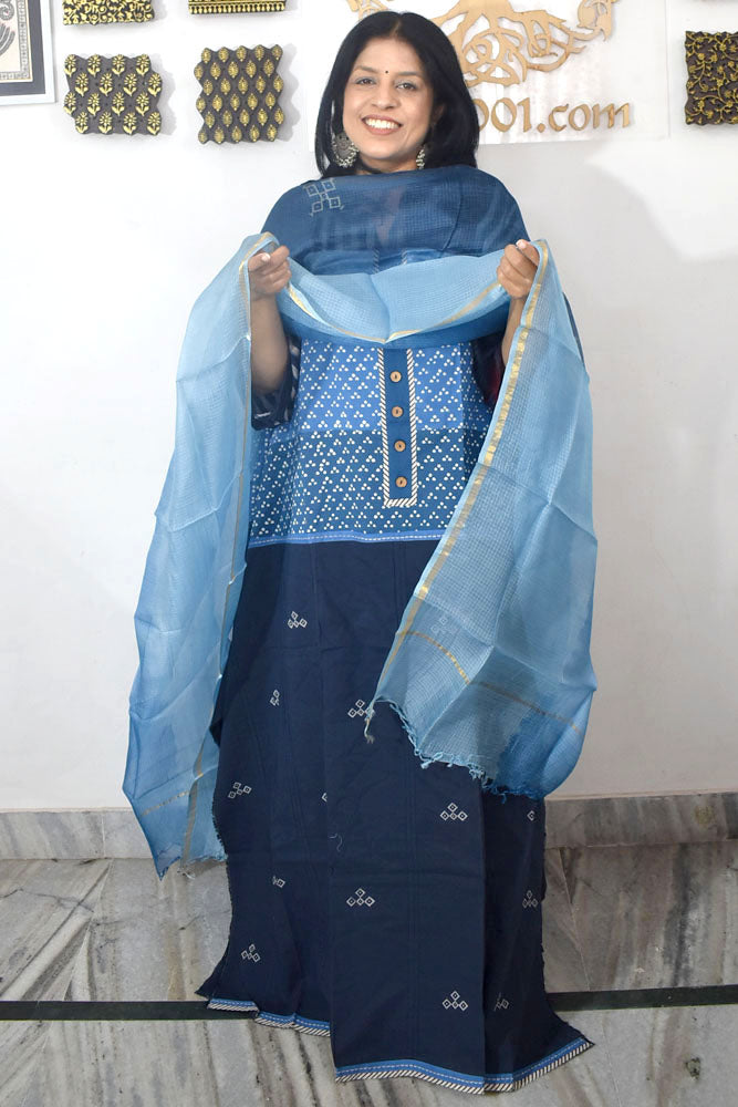 Beautiful Hand Block Printed Cotton Unstitched Suit Fabric & Kota Silk dupatta With Cotton bottom