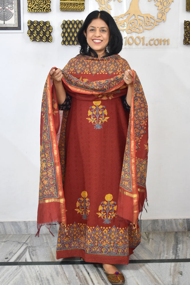 Elegant Hand Block print cotton suit with Schiffli work & Chanderi dupatta