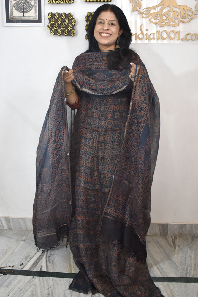 Designer Ajrakh Kota Silk Unstitched suit with Kota Silk Dupatta - 2 piece set