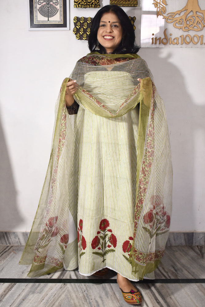 Designer Hand Block Print Cotton suit with Kota dupatta