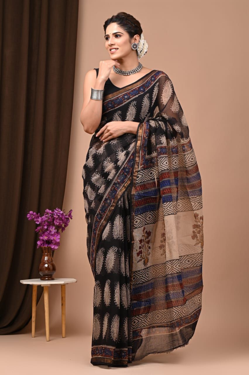 Beautiful Hand Block Printed Kota cotton Saree with zari border