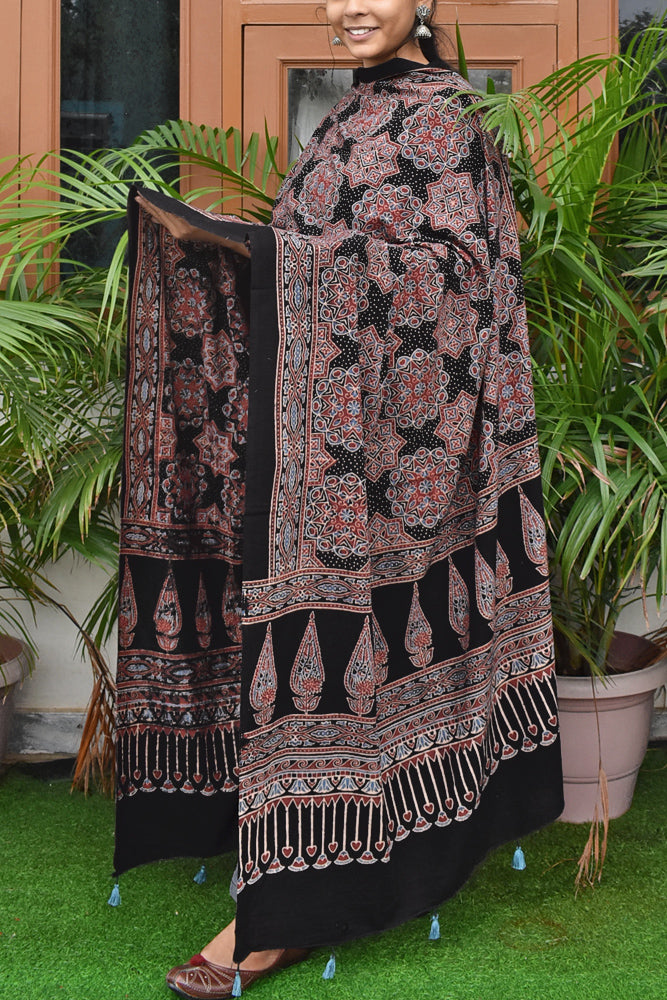 Ajrakh Hand Block Printed Cotton Dupatta with Tassels with natural dyes