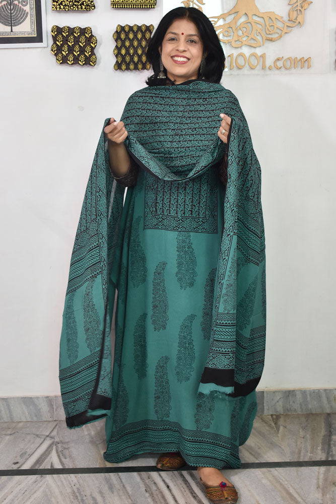 Bagh Hand Block Print Georgette Dupatta & Georgette Kurta Fabric With Cotton Bottom
